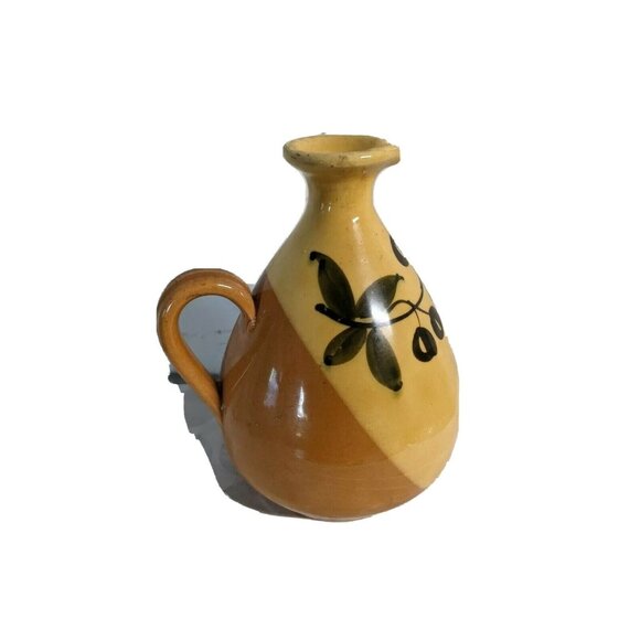 Hand-Painted Ceramic Olive Oil Decanter Pitcher Rust & Yellow With Olive Design - Picture 3 of 8
